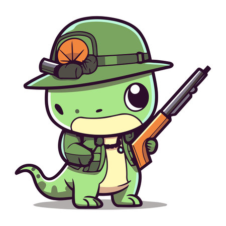 Cute crocodile in safari costume holding gun cartoon vector illustrationのイラスト素材