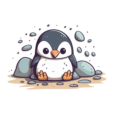 Cute penguin sitting on the rock. Cartoon vector illustration.のイラスト素材