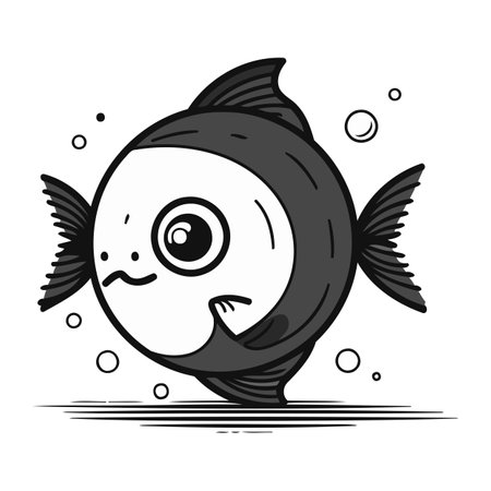 Cute cartoon fish isolated on white background. Vector illustration in black and white colors.のイラスト素材