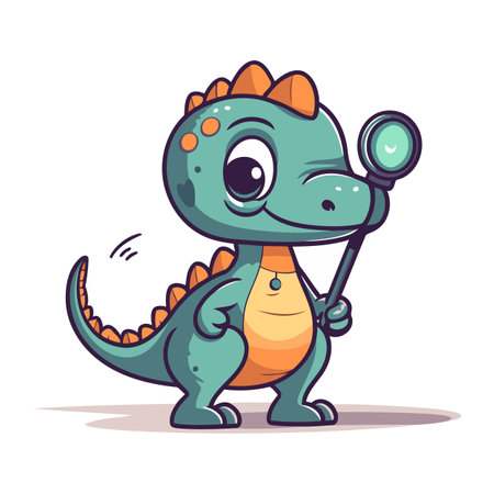 Cute cartoon crocodile with magnifying glass. Vector illustration.