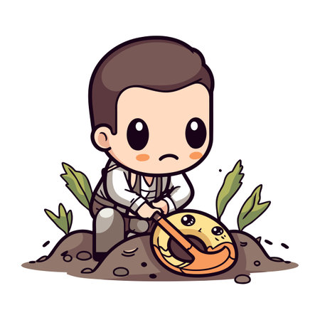 Boy playing guitar in the garden   Cute cartoon vector illustration.のイラスト素材