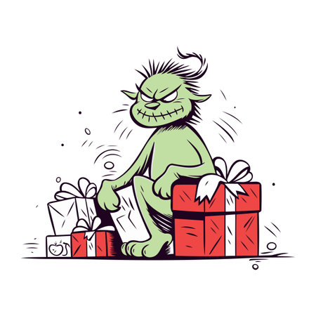 Vector illustration of a funny cartoon monster with gifts. Isolated on white background.のイラスト素材