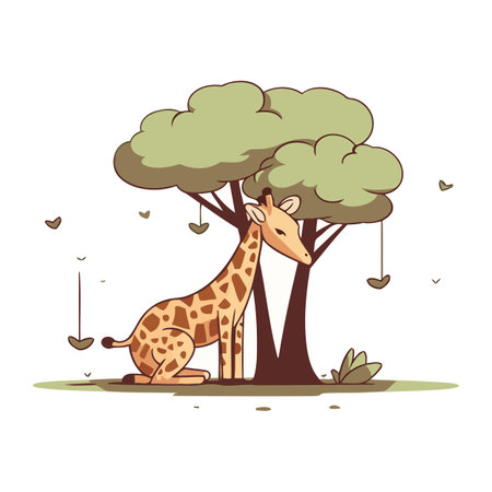 Giraffe sitting under the tree. Vector illustration in cartoon styleのイラスト素材