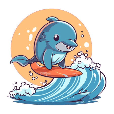 Cartoon dolphin on surfboard. Vector illustration of a cute cartoon dolphin.のイラスト素材