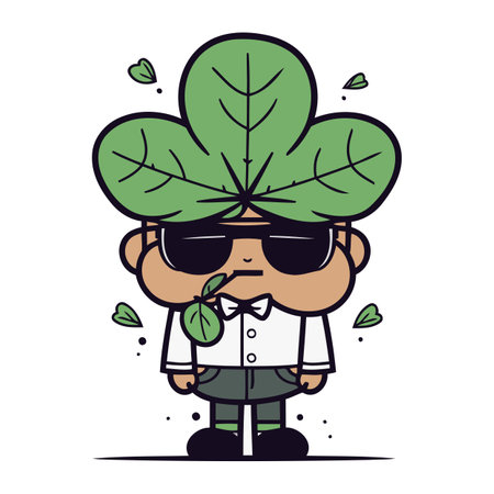 Cartoon Man with Clover Leaf Wearing Sunglasses   Vector Illustrationのイラスト素材