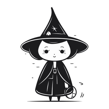 Cute cartoon witch with a broomstick. Halloween vector illustration.のイラスト素材