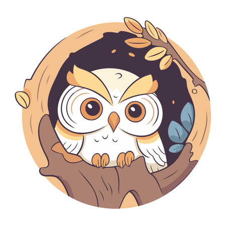 Cute cartoon owl in a nest with leaves. Vector illustration.のイラスト素材