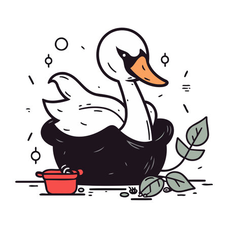 Swan in a pot. Vector illustration in doodle style.のイラスト素材