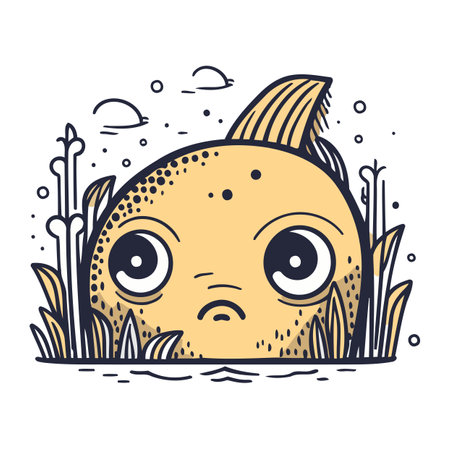 Cute puffer fish with sad face. Vector illustration in cartoon style.のイラスト素材