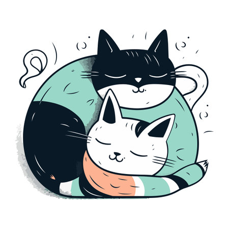 Cute hand drawn vector illustration of two cats sleeping in a circle.のイラスト素材