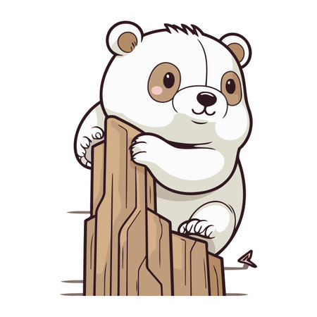 Cute panda sitting on a wooden fence. Vector illustration.のイラスト素材