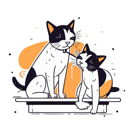 Vector illustration of two cats sitting on a bench and playing with each other.のイラスト素材