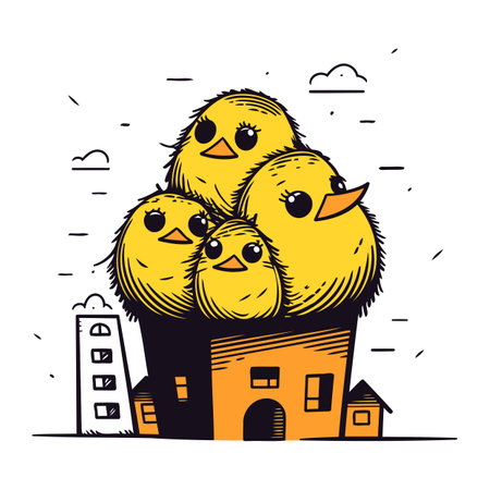 Vector illustration of a happy family with three chicks in front of the house.のイラスト素材