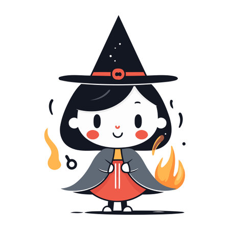 Cute cartoon witch with a fire. Vector illustration on white background.のイラスト素材