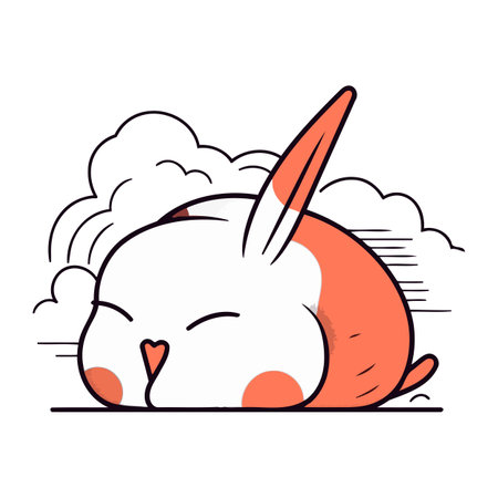 Cute cartoon rabbit sleeping on the clouds. Vector illustration in line art style.のイラスト素材