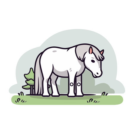 White horse standing on the grass. Vector illustration in cartoon style.のイラスト素材