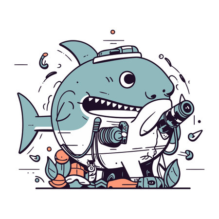 Cute cartoon shark with a camera in his hand. Vector illustration.のイラスト素材
