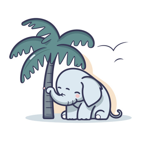 Cute elephant and palm tree. Vector illustration in cartoon style.のイラスト素材