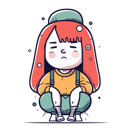 Sad little girl sitting on the floor. Vector illustration in cartoon style.のイラスト素材