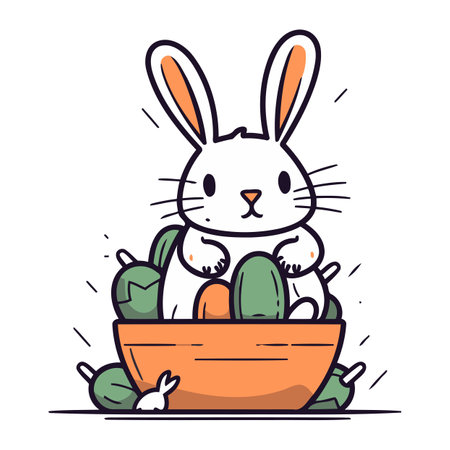Cute cartoon bunny sitting in a basket with eggs. Vector illustration.のイラスト素材
