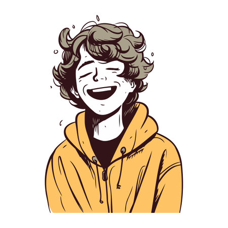 Vector illustration of a man in a yellow raincoat laughing. Cartoon style.のイラスト素材