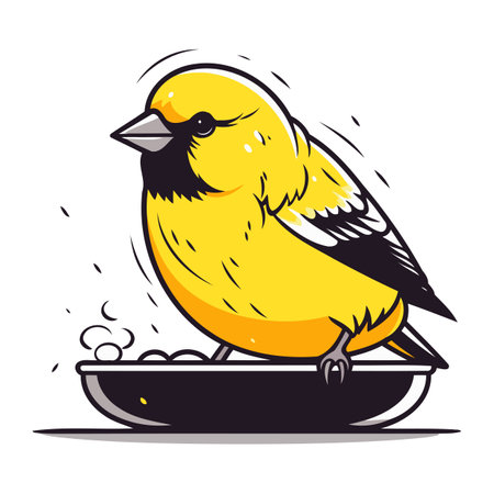 Vector illustration of a yellow canary bird sitting on a plate.のイラスト素材