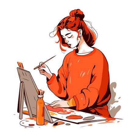 Beautiful young woman painter drawing a picture with paints. Vector illustrationのイラスト素材