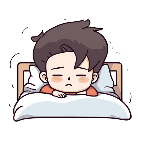 Cute boy sleeping in bed. Vector illustration in cartoon style.のイラスト素材
