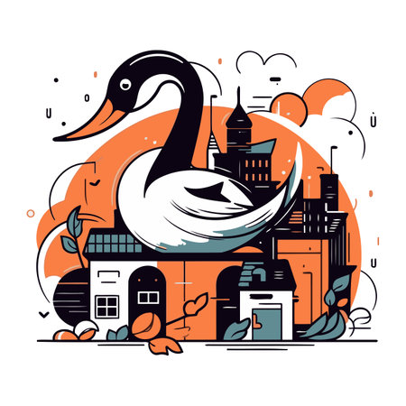 Vector illustration of a swan on the background of the city.のイラスト素材