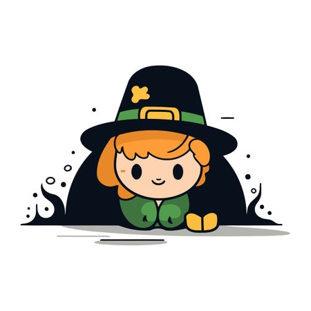 Cute girl in hat and leprechaun costume. Vector illustration.のイラスト素材