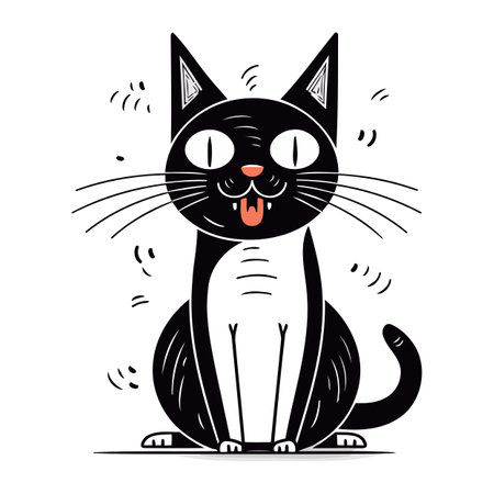 Cute cartoon cat vector illustration. Black and white kitty.のイラスト素材