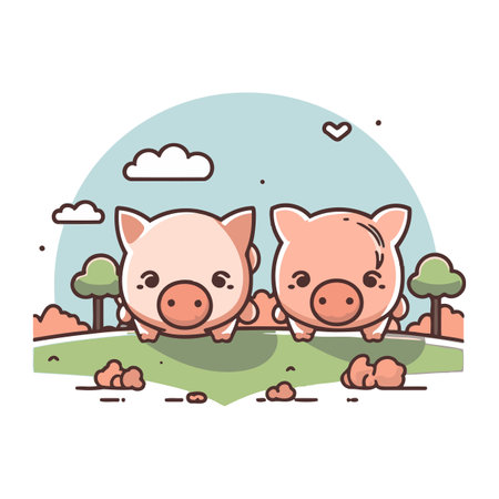 Cute piggy and piglet in the field vector illustration.のイラスト素材