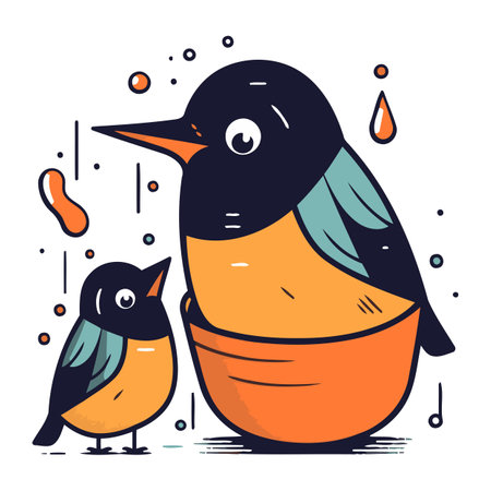 Cute cartoon black and orange birds in a bowl. Vector illustration.のイラスト素材