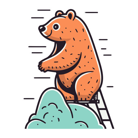 Cute cartoon bear sitting on a ladder. Vector illustration in doodle style.のイラスト素材