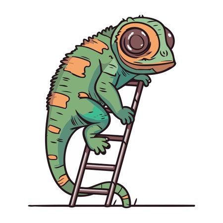 Cartoon chameleon climbing on the ladder. Vector illustration.のイラスト素材