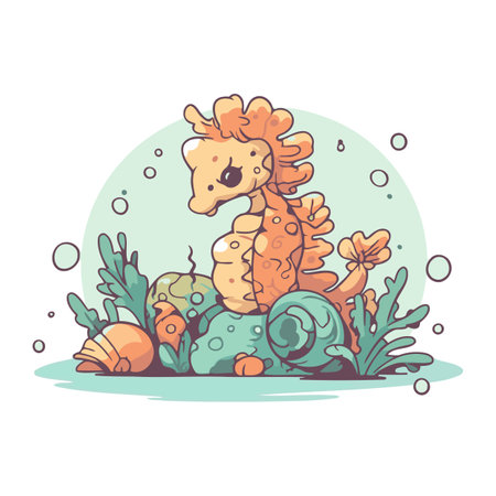 Cute cartoon seahorse with seashells. Vector illustration.のイラスト素材
