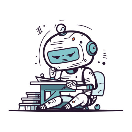 Vector illustration of a cute robot sitting on a table with books.のイラスト素材