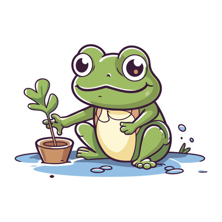 Frog with flower in pot. Vector illustration in cartoon style.