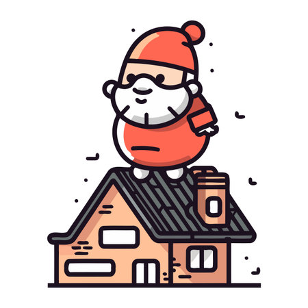 Vector illustration of a funny santa claus on the roof of a house.のイラスト素材
