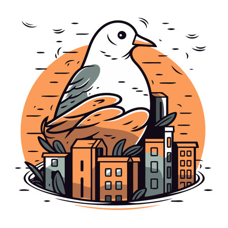 Cute seagull flying over the city. Vector illustration.のイラスト素材