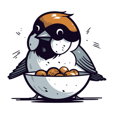 Cartoon vector illustration of a cute little bird with a bowl of nuts.のイラスト素材