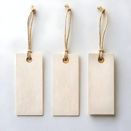 Three blank. rustic paper tags with twine string. perfect for adding a touch of vintage charm to your designs.の素材