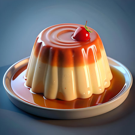 A close up of a creamy caramel custard dessert. topped with a bright red cherry. The pudding is set on a white plate with a pool of caramel sauce. creating a visually appealing and appetizing image.の素材