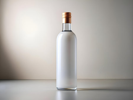 A clean. minimalist photo of a glass bottle with a gold cap. perfect for showcasing your brand or product.  The bottle is isolated on a white background. making it easy to add your own design.の素材