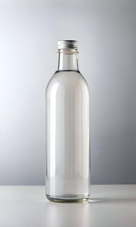 A clean. empty glass bottle with a silver cap. perfect for showcasing your product or brand. The simple design allows for easy customization and integration into various marketing materials.の素材