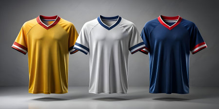 Three blank sports jerseys. yellow. white and blue. with red and navy trim. perfect for showcasing your team's design or logo. Great for mockups and branding projects.の素材