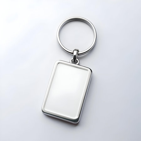 Blank silver keychain with a rectangular tag perfect for adding your own logo or design. Ideal for branding. promotional giveaways. or personal use.の素材