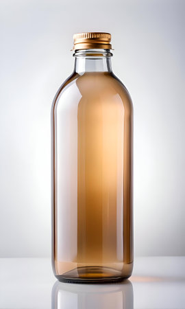 A clean. transparent glass bottle with a golden lid. perfect for showcasing your product. The bottle stands alone against a white background. providing a blank canvas for your branding.の素材