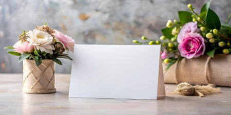 Blank greeting card mockup featuring a delicate floral arrangement. Perfect for showcasing your designs or messages for weddings. anniversaries. birthdays. or any special occasion.の素材