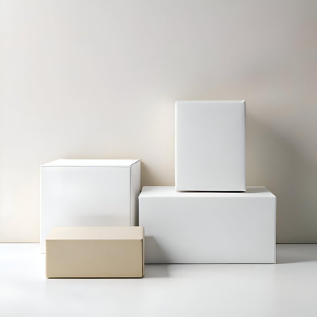Minimalist product display with three white boxes and one beige box on a white surface. perfect for showcasing your products in a clean and modern aesthetic.の素材